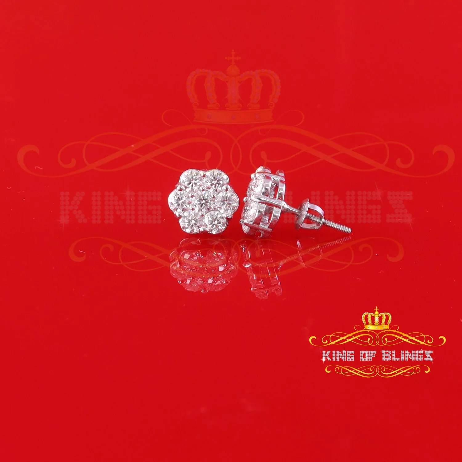 King of Bling's Men's/Women's 925 Silver White 1.66ct VVS 'D' Moissanite Floral Stud Earrings