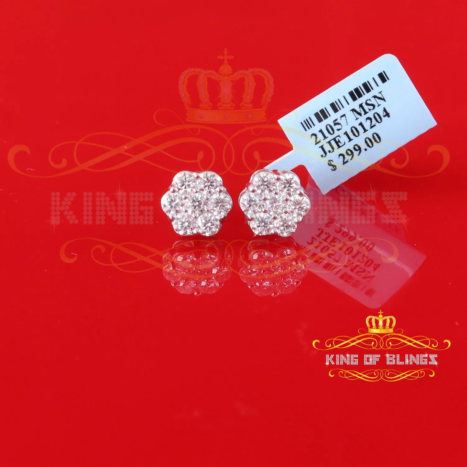 King of Bling's Men's/Women's 925 Silver White 1.66ct VVS 'D' Moissanite Floral Stud Earrings
