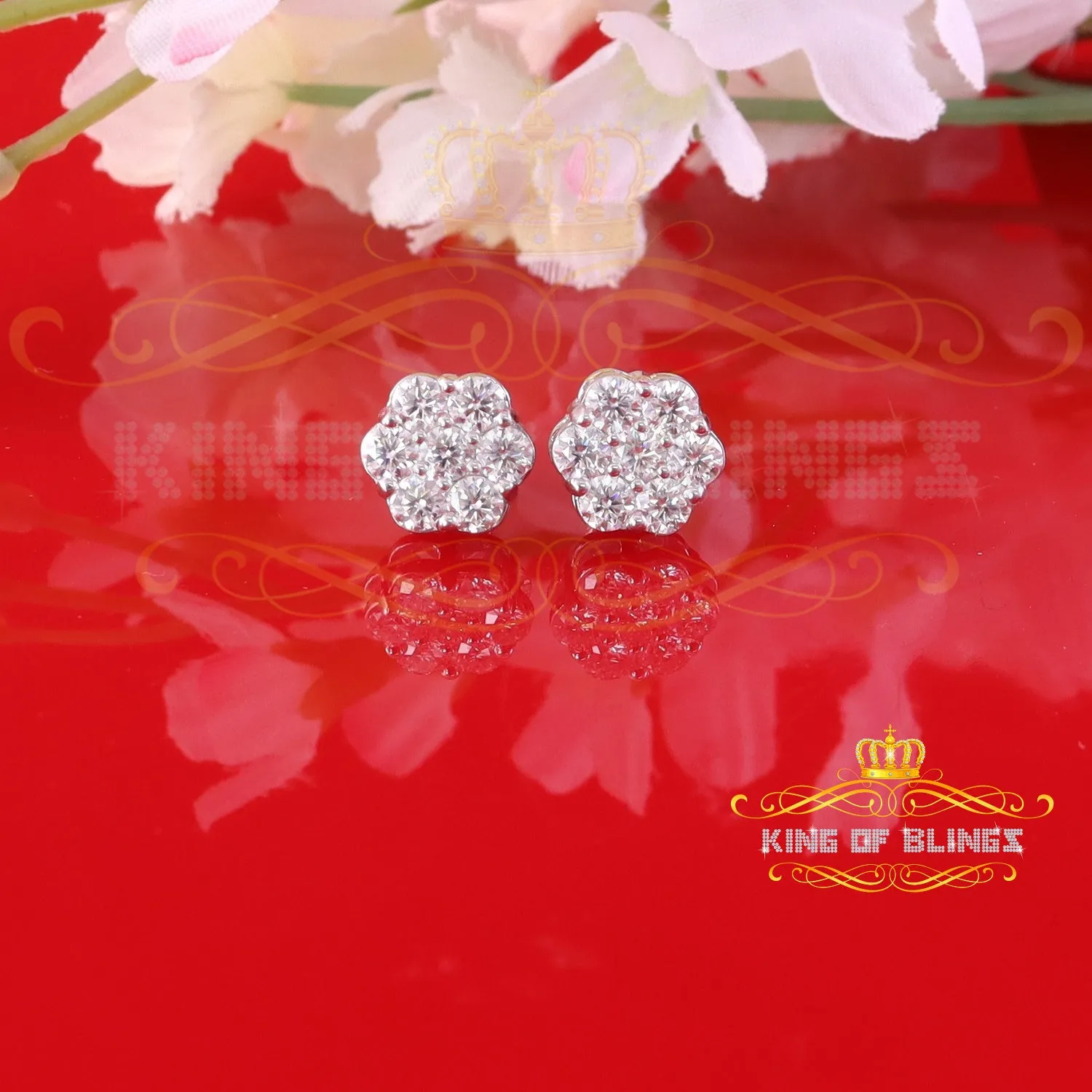 King of Bling's Men's/Women's 925 Silver White 1.66ct VVS 'D' Moissanite Floral Stud Earrings