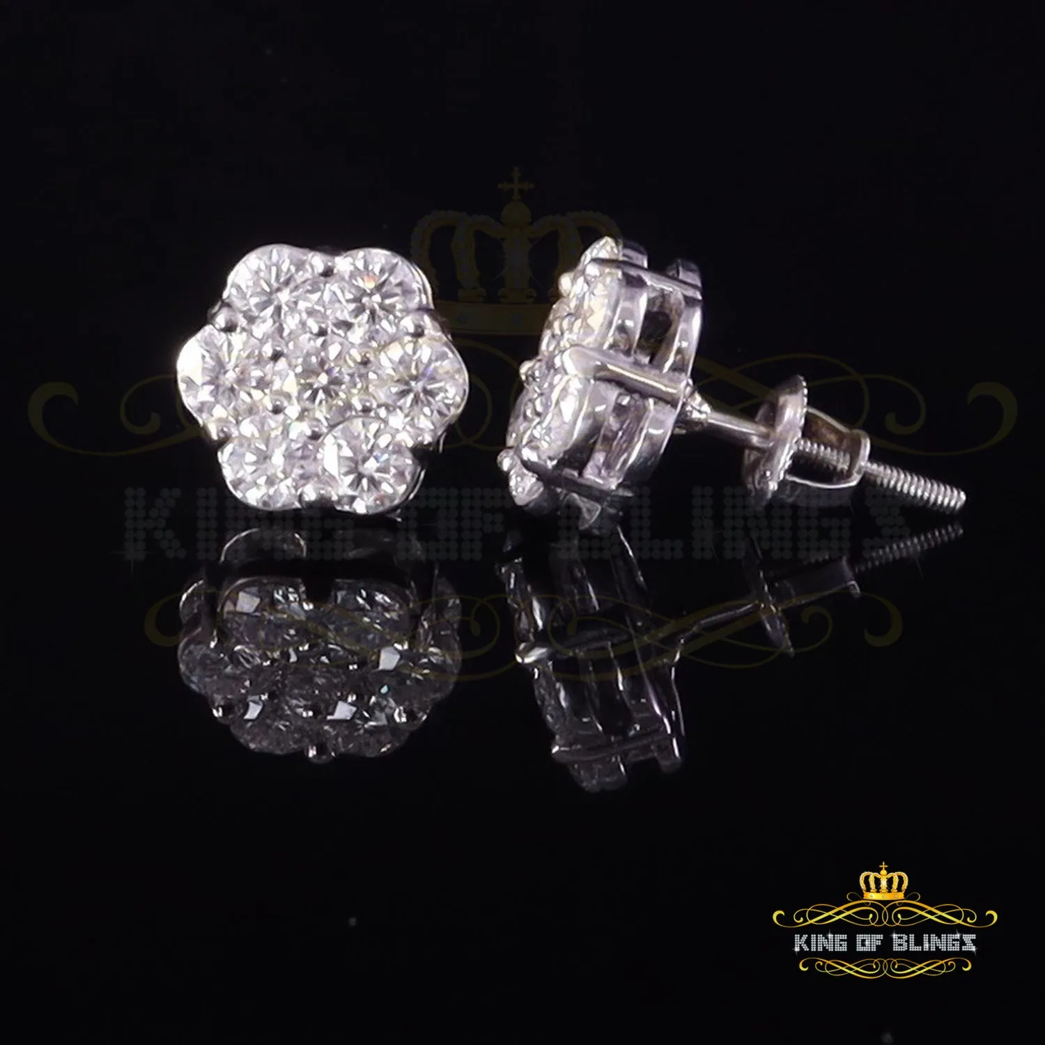 King of Bling's Men's/Women's 925 Silver White 1.66ct VVS 'D' Moissanite Floral Stud Earrings