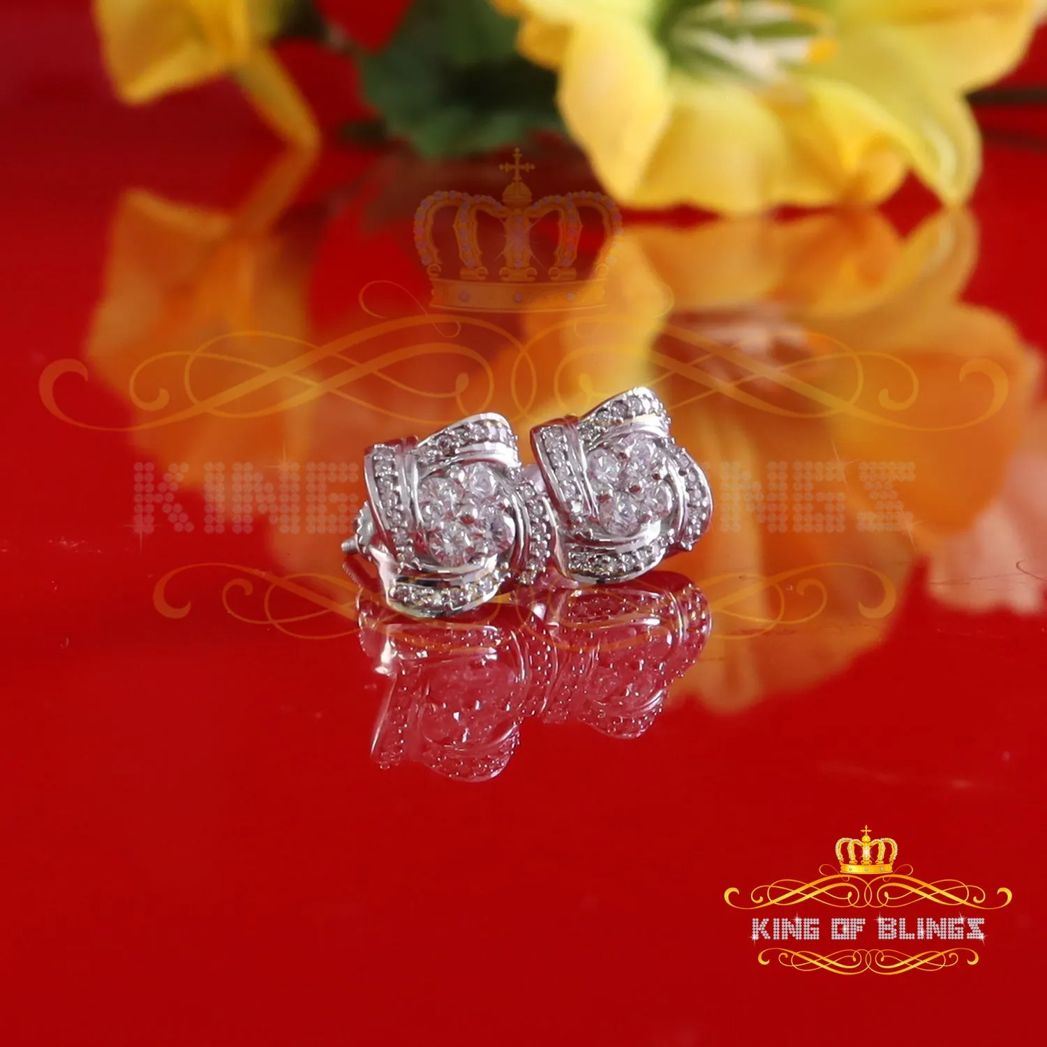 King of Bling's New Men's/Women's 925 White Silver 0.50ct VVS 'D' Moissanite Floral Stud Earrings