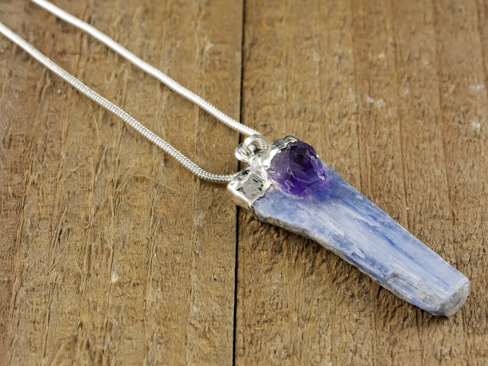 KYANITE &  AMETHYST Raw Crystal Pendant - Silver Pendant, Raw Crystal Necklace, Handmade Jewelry, Healing Crystals and Stones, E0896