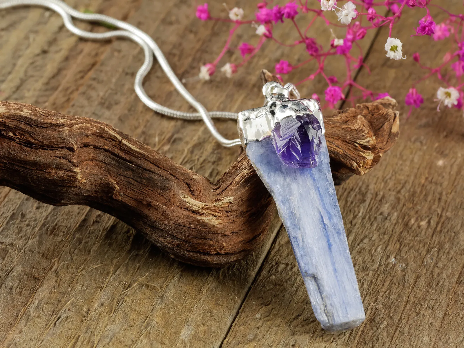 KYANITE &  AMETHYST Raw Crystal Pendant - Silver Pendant, Raw Crystal Necklace, Handmade Jewelry, Healing Crystals and Stones, E0896