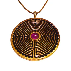 Labyrinth Peace Bronze Pendant Necklace with 6mm Amethyst Stone on Adjustable Natural Fiber Cord (Wholesale)