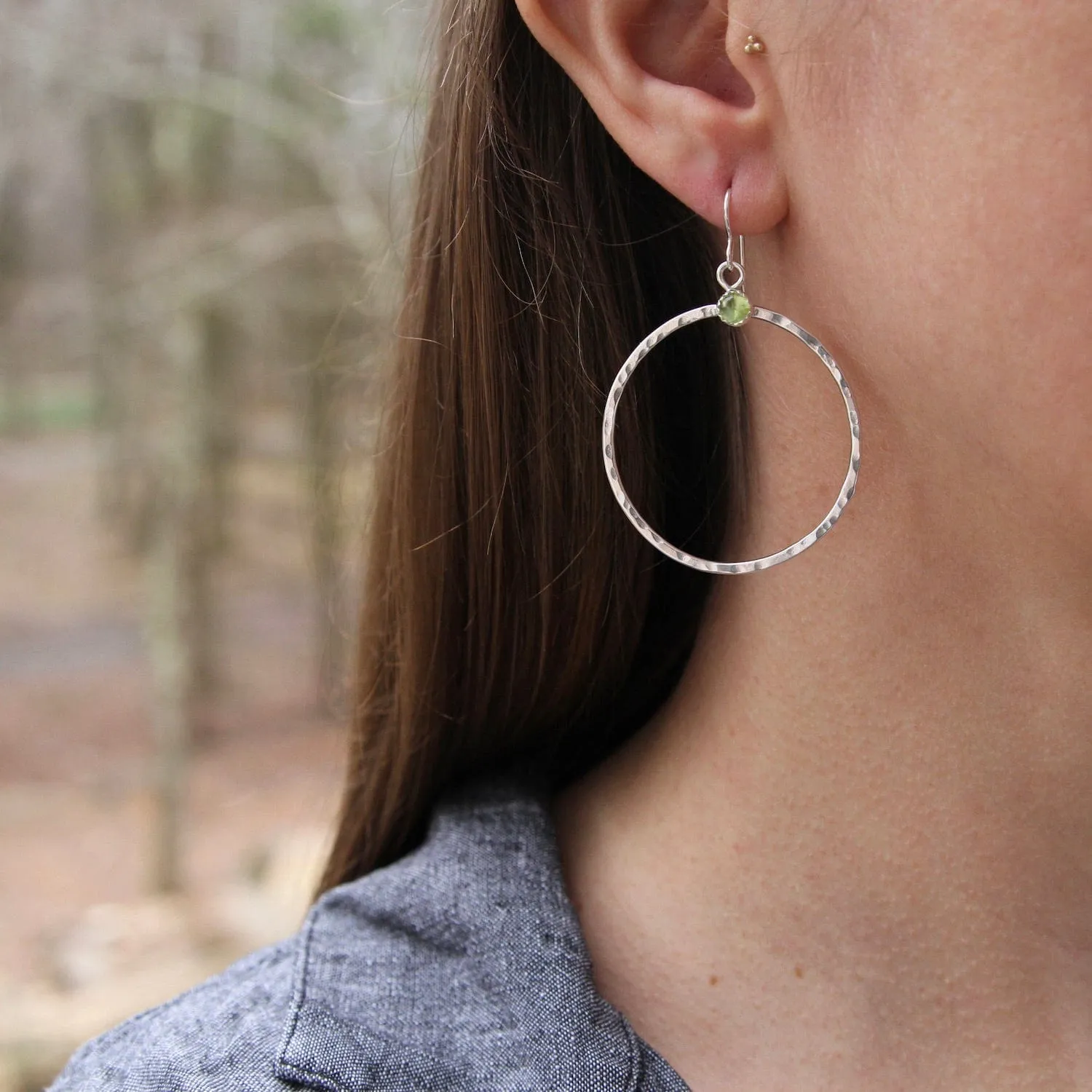 Large Sterling Silver Hoops with Peridot Earring