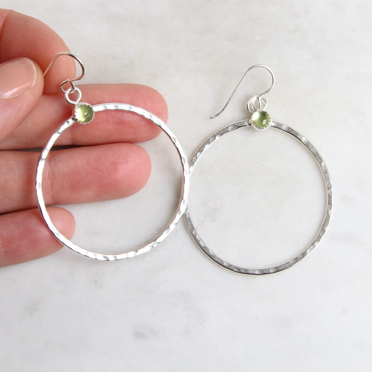 Large Sterling Silver Hoops with Peridot Earring