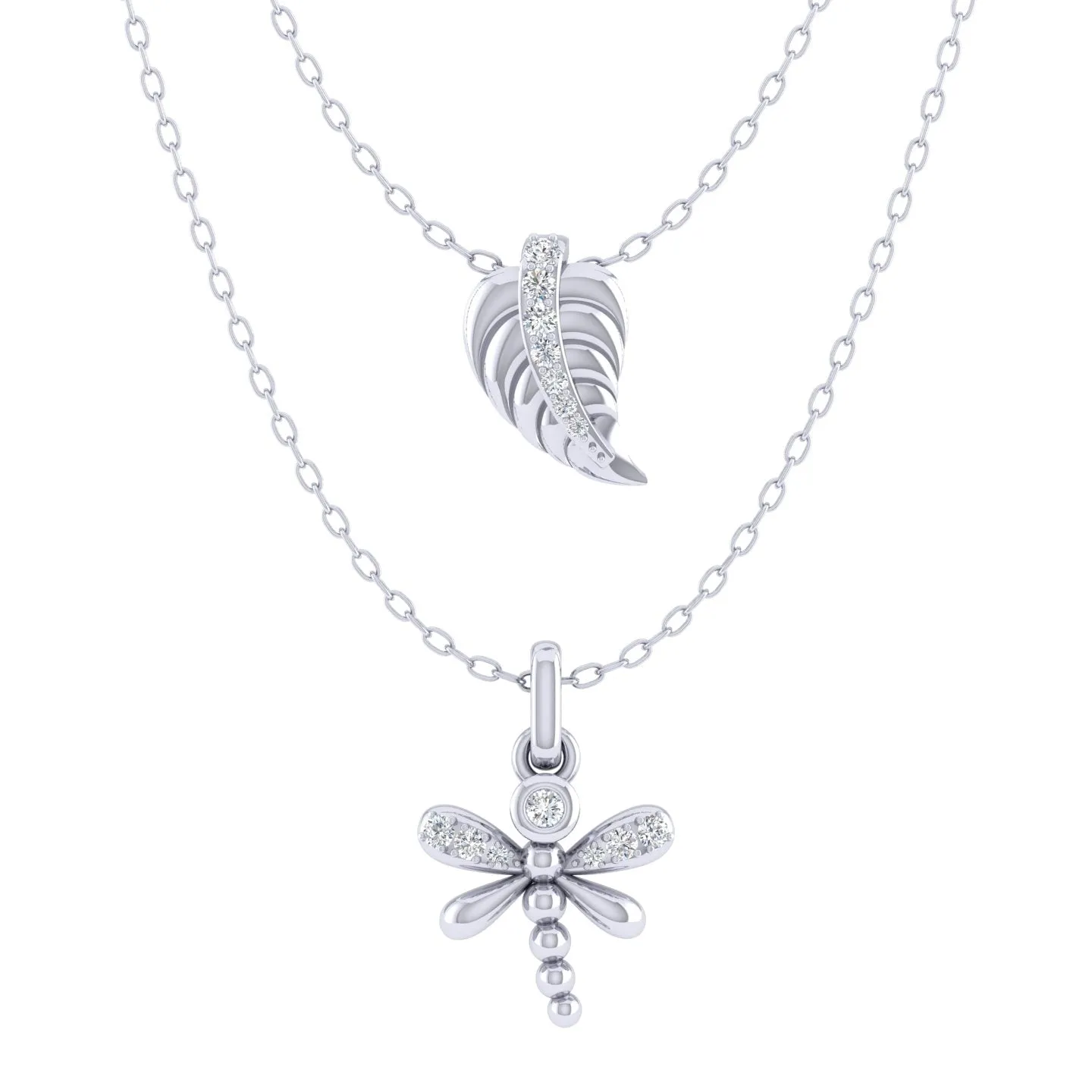 Lucky Feather and Dragonfly Layered 1/10 Cttw Natural Diamond Pendant Necklace set in 925 Sterling Silver…