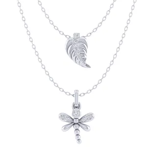 Lucky Feather and Dragonfly Layered 1/10 Cttw Natural Diamond Pendant Necklace set in 925 Sterling Silver…