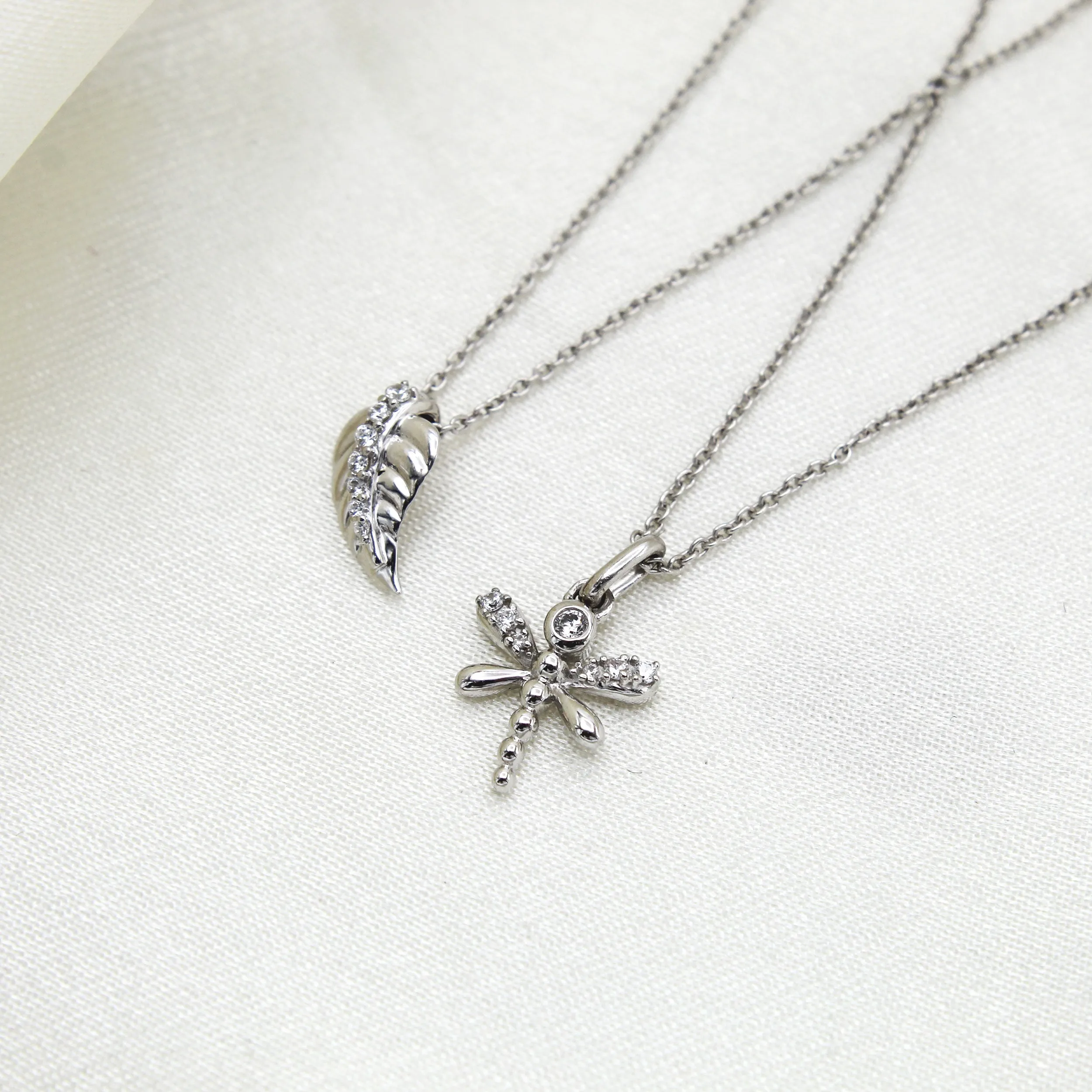 Lucky Feather and Dragonfly Layered 1/10 Cttw Natural Diamond Pendant Necklace set in 925 Sterling Silver…