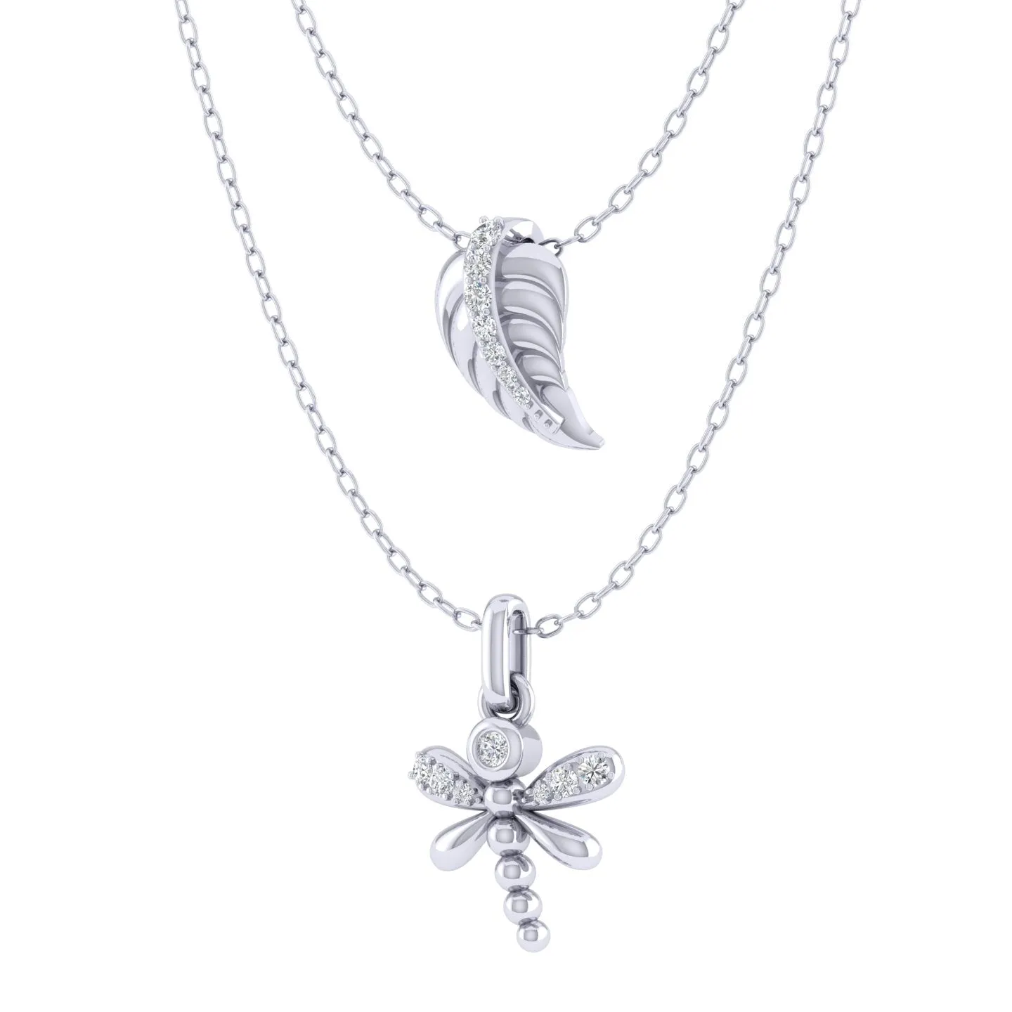 Lucky Feather and Dragonfly Layered 1/10 Cttw Natural Diamond Pendant Necklace set in 925 Sterling Silver…