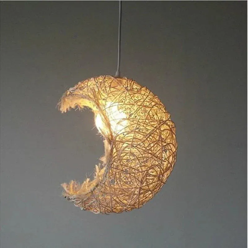 Moon Shape Rattan Chandelier by Mansion - Hand-Woven, Simple, Beautiful for Bedroom, Study, Coffee Shop