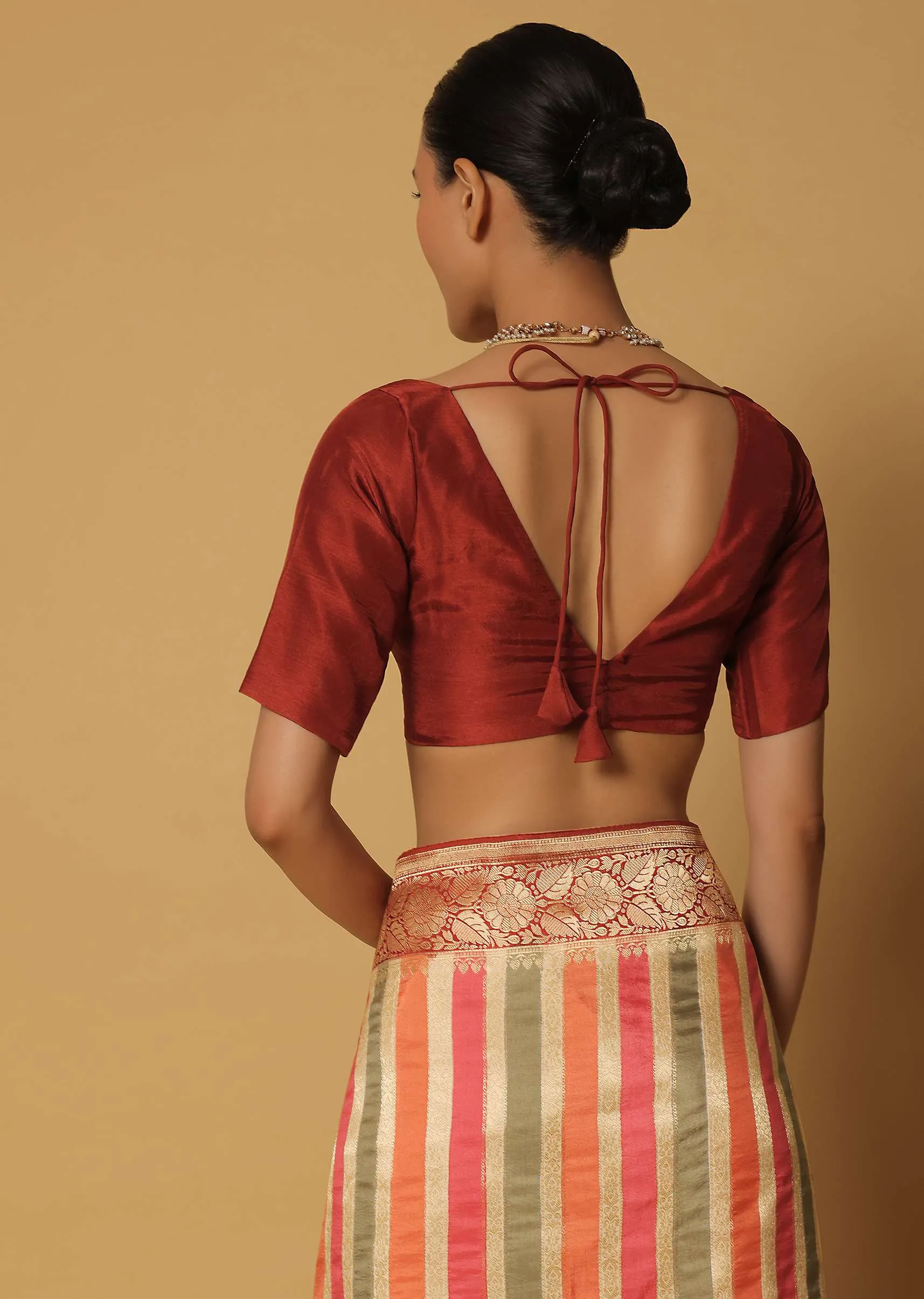 Multicolor Silk Saree With Woven Diagonal Stripes And Unstitched Blouse Fabric