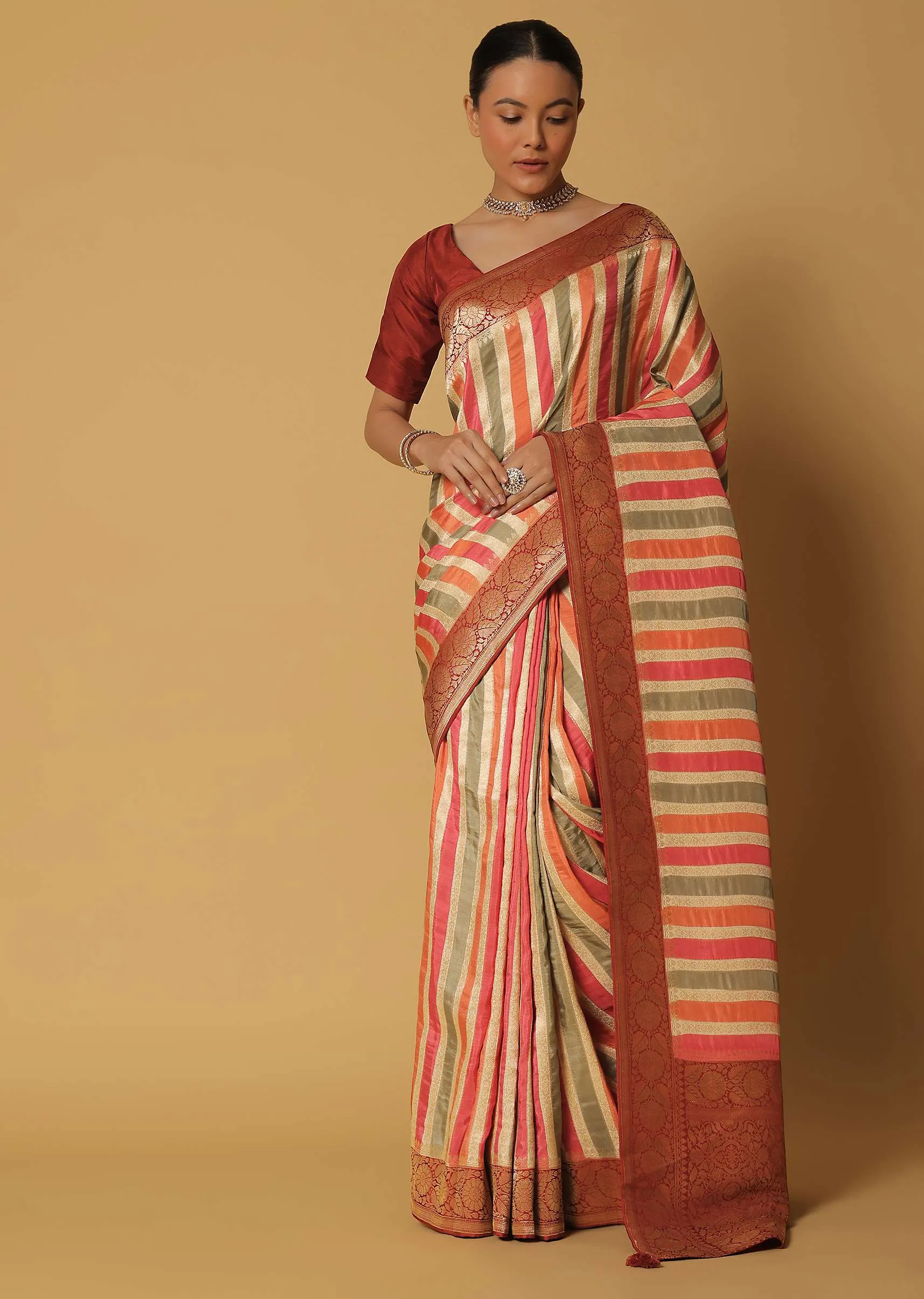 Multicolor Silk Saree With Woven Diagonal Stripes And Unstitched Blouse Fabric