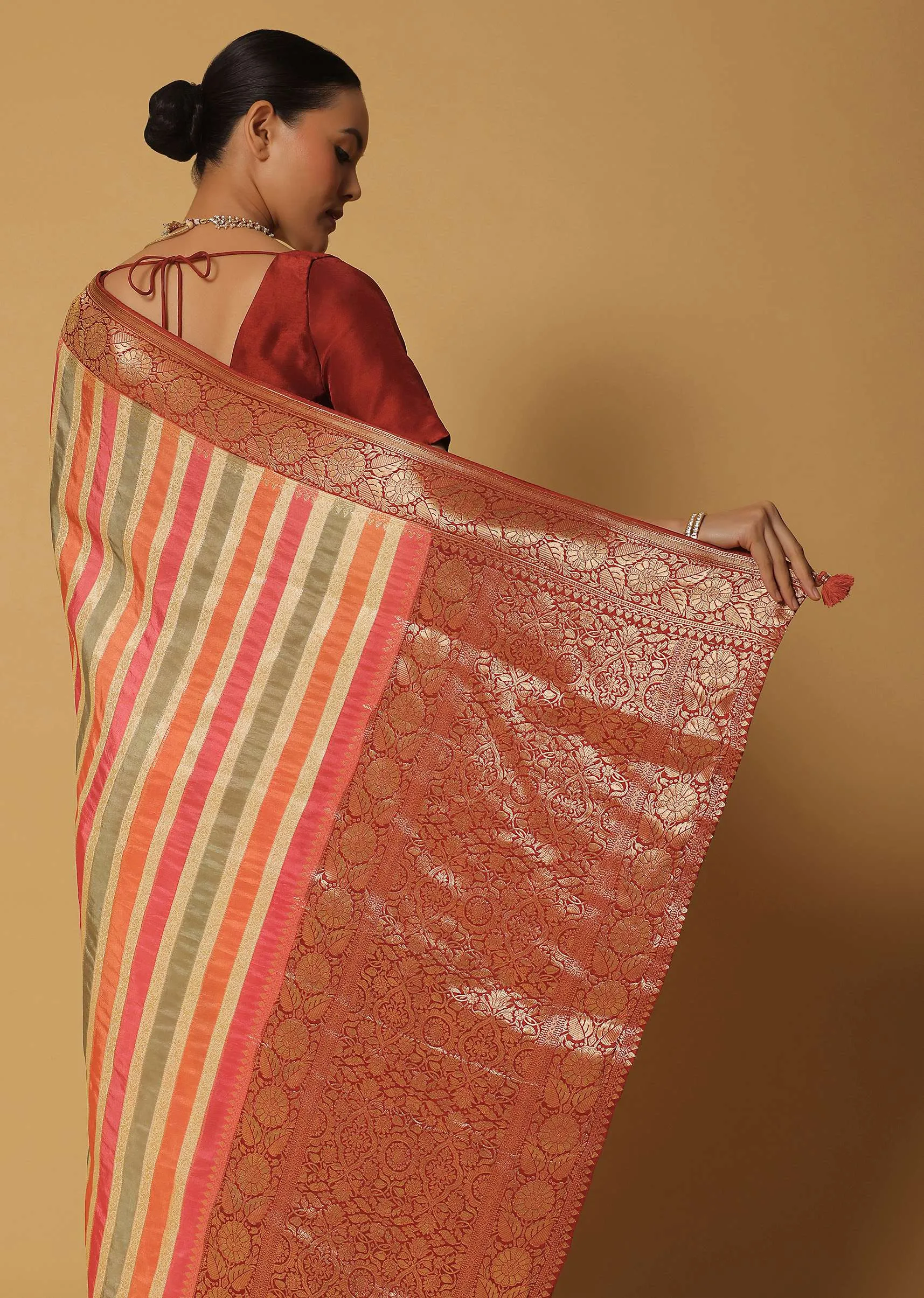 Multicolor Silk Saree With Woven Diagonal Stripes And Unstitched Blouse Fabric