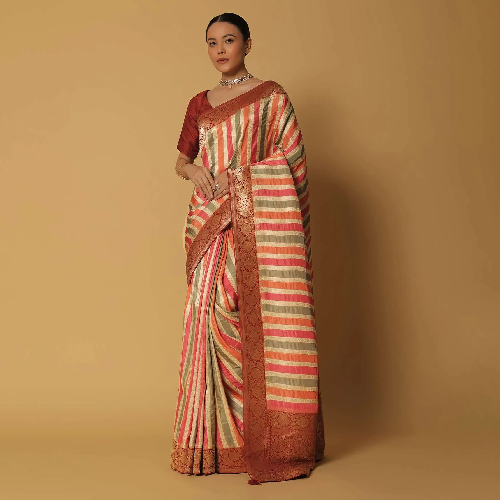 Multicolor Silk Saree With Woven Diagonal Stripes And Unstitched Blouse Fabric