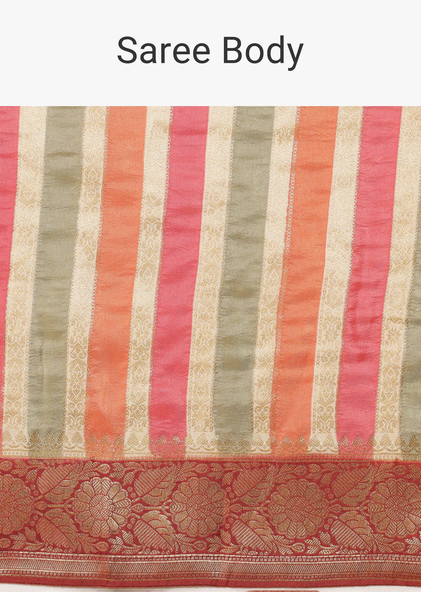 Multicolor Silk Saree With Woven Diagonal Stripes And Unstitched Blouse Fabric