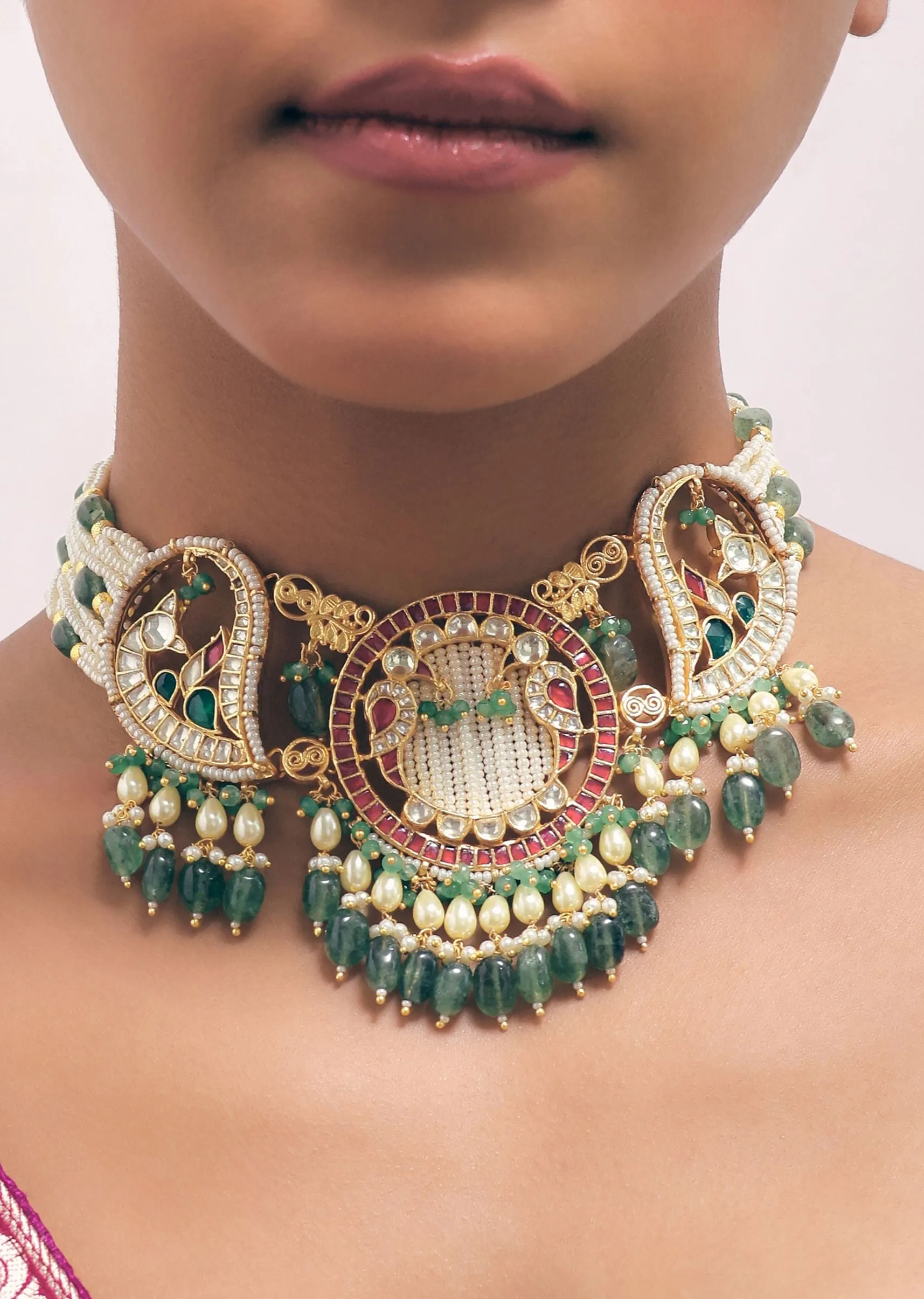 Multicolour Choker Set With Kundan Work In Mix Metal