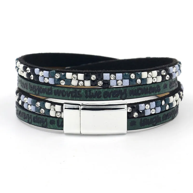 New Fashion Hot Rhinestone Leather Strap Lettering Embossed Bracelet