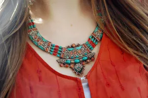 One of a Kind Sherpa Coral and Turquoise Necklace