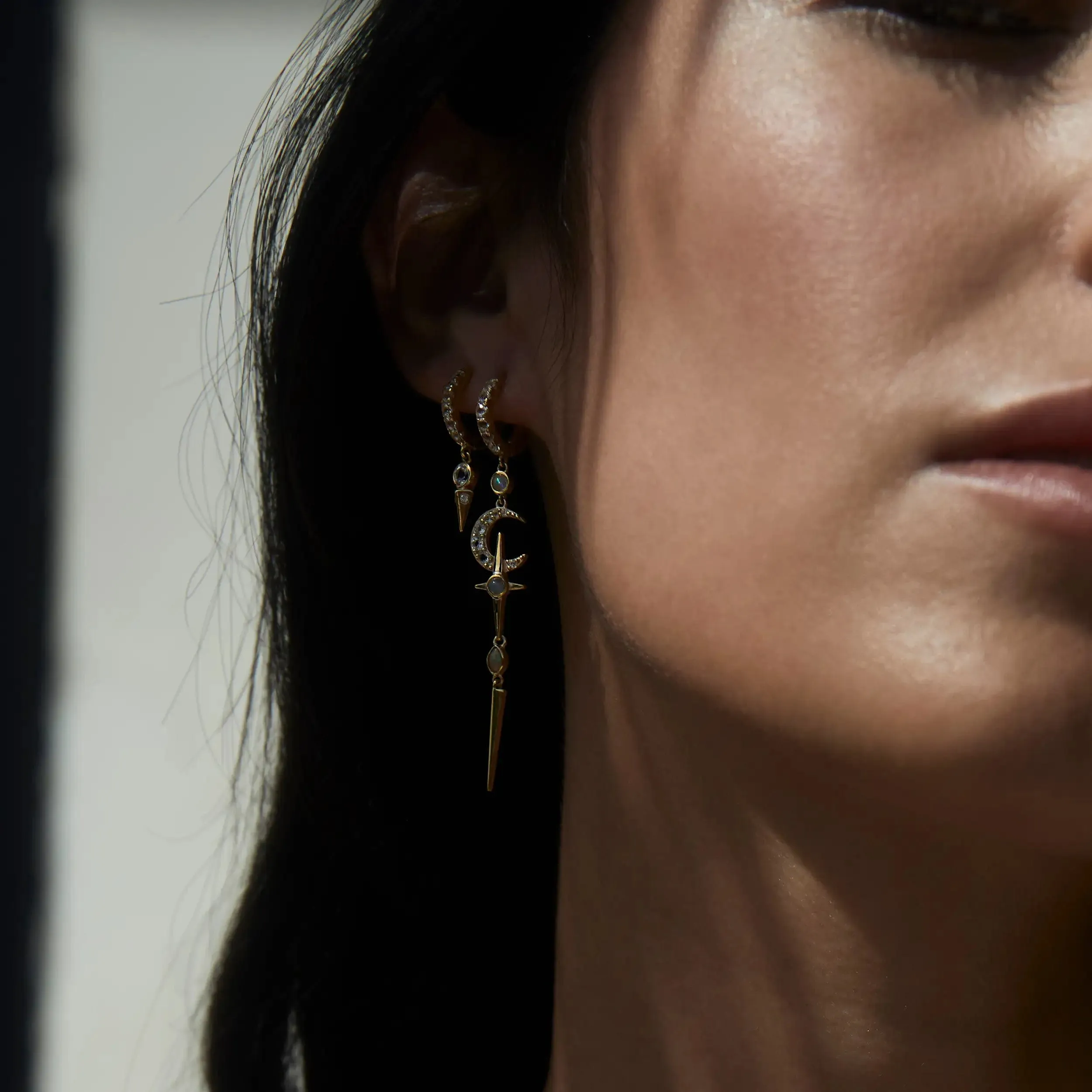 Opal Crescent Cross Drop Earring