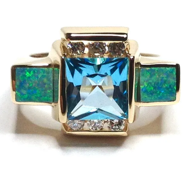 Opal Rings Inlaid Sides Swiss Blue Topaz Center with .24ctw Diamonds