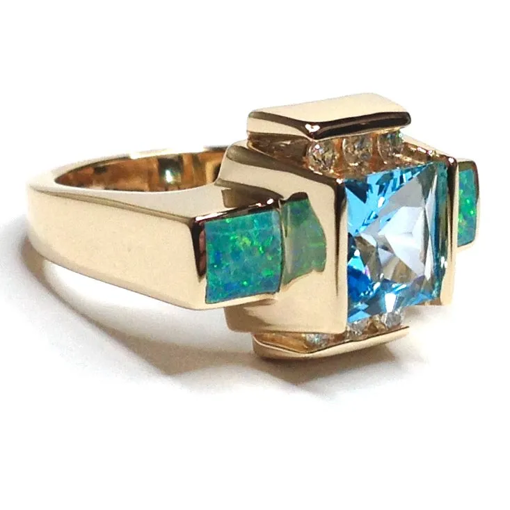 Opal Rings Inlaid Sides Swiss Blue Topaz Center with .24ctw Diamonds
