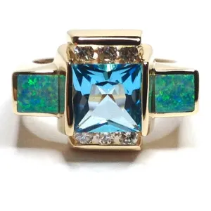 Opal Rings Inlaid Sides Swiss Blue Topaz Center with .24ctw Diamonds