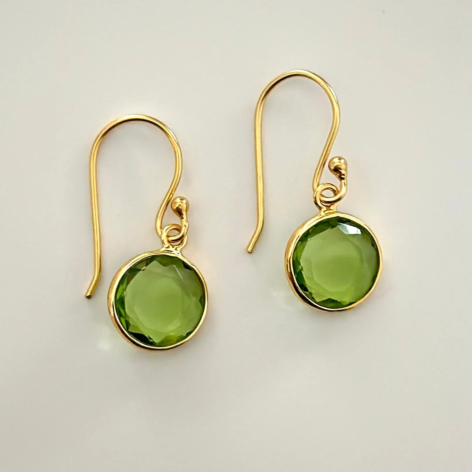 Peridot Gold Plated Sterling Silver Earrings with a Round Faceted Gemstone Drop