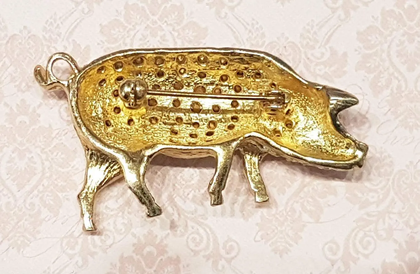 Pig Brooch Gold Glass Crystal By Sardi