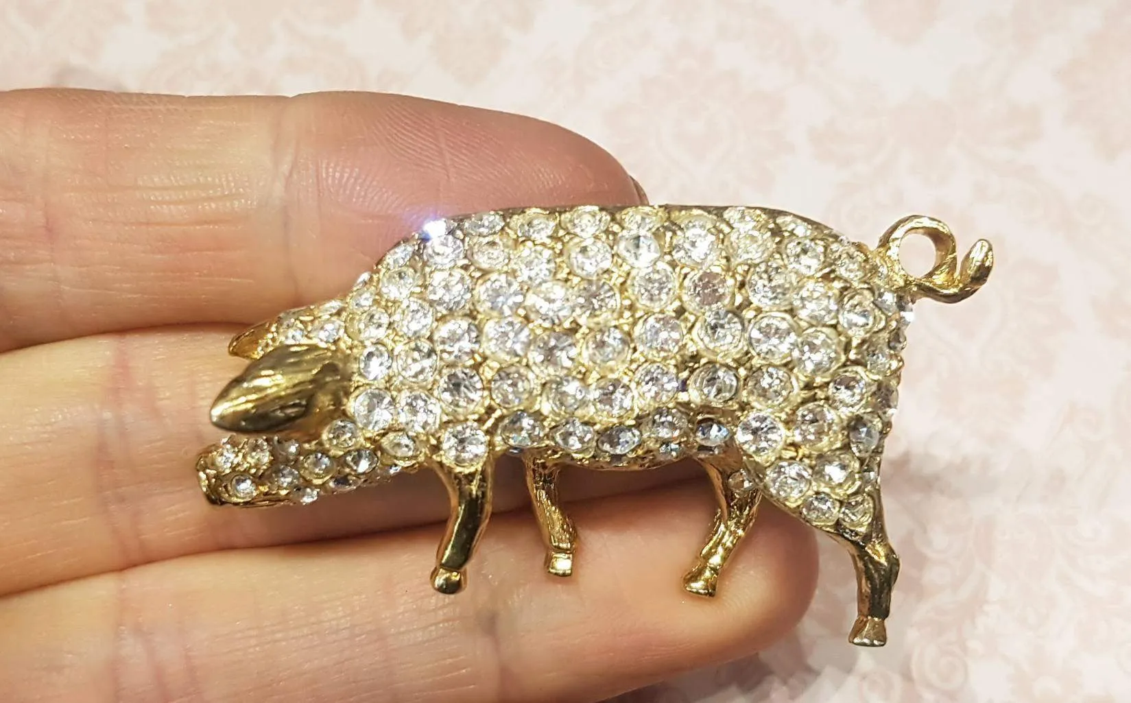 Pig Brooch Gold Glass Crystal By Sardi
