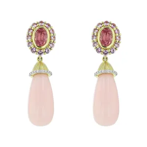 Pink Opal Drop Earrings with Padparadsha, Sapphire and Diamonds