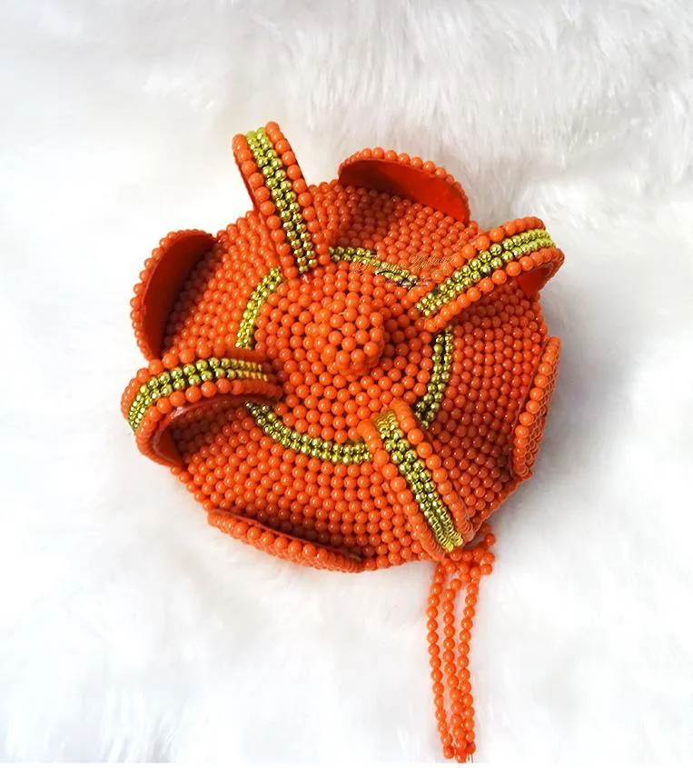 PrestigeApplause African Orange and Gold Coral beaded cap for Nigerian traditional wedding Edo/Igbo cap