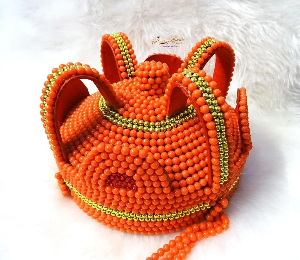 PrestigeApplause African Orange and Gold Coral beaded cap for Nigerian traditional wedding Edo/Igbo cap