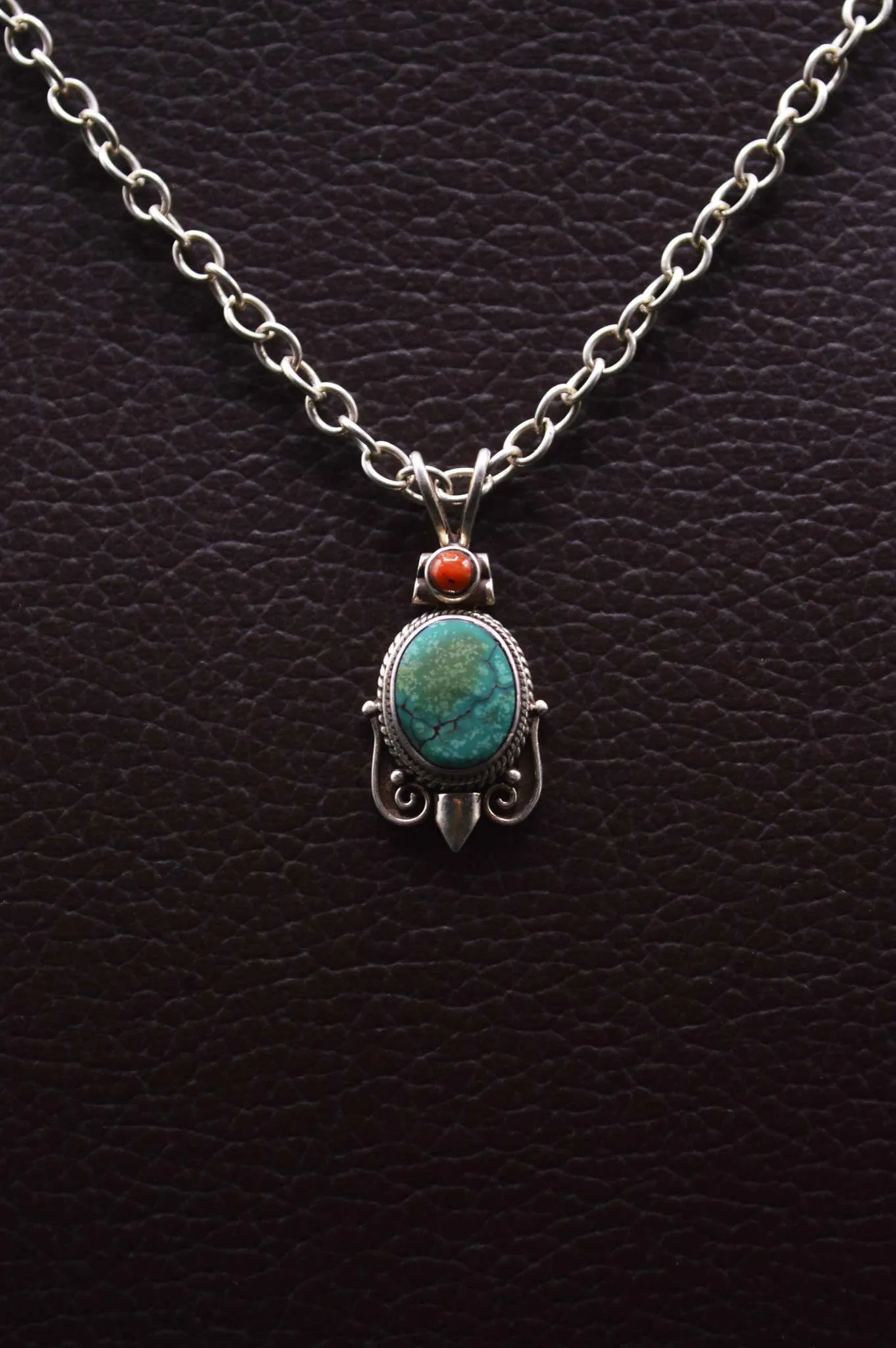 Red Coral & Turquoise Gemstones Silver Pendant Necklace For Women