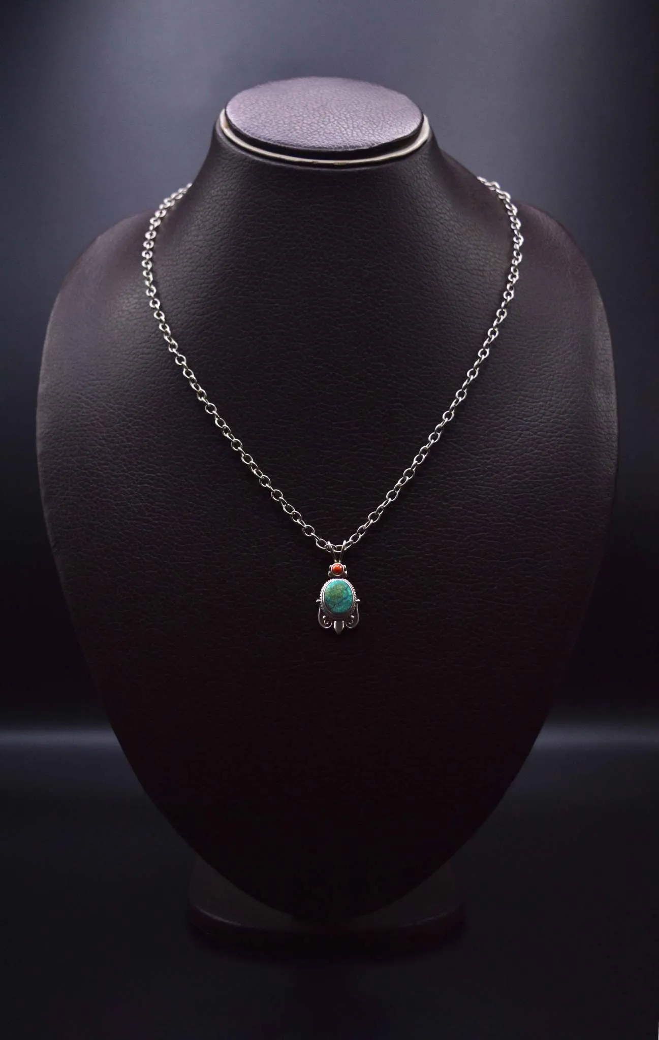 Red Coral & Turquoise Gemstones Silver Pendant Necklace For Women