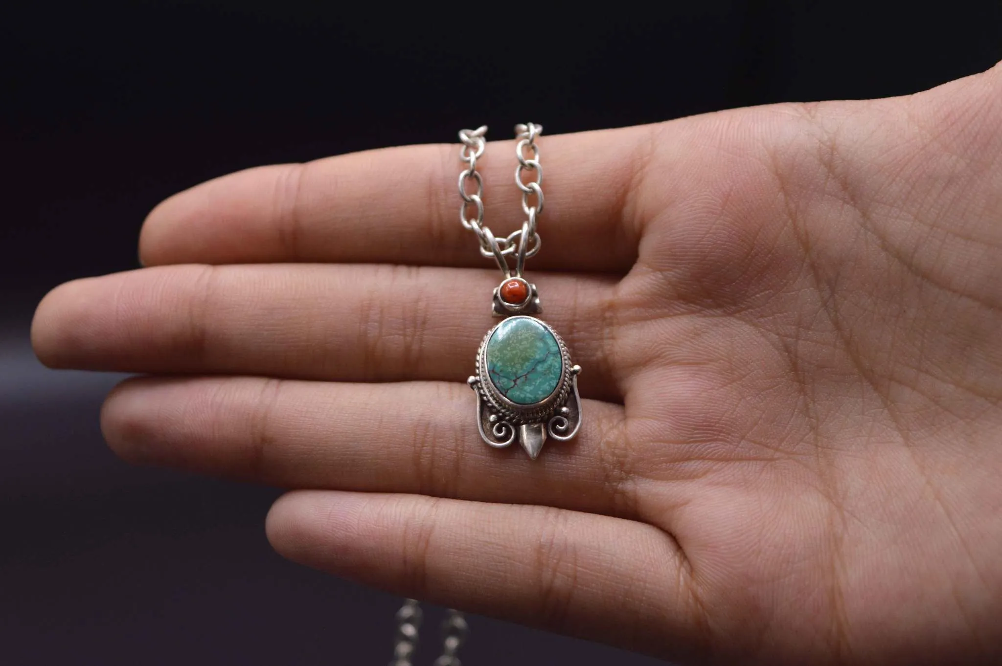 Red Coral & Turquoise Gemstones Silver Pendant Necklace For Women