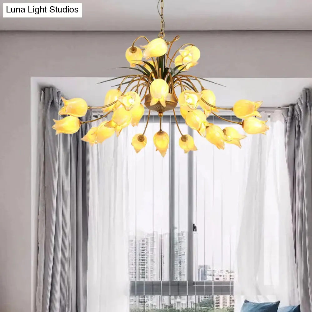Romantic Metal Tulip/Lily Chandelier Light Fixture - 25-Light LED Ceiling Pendant in Brass for Living Room