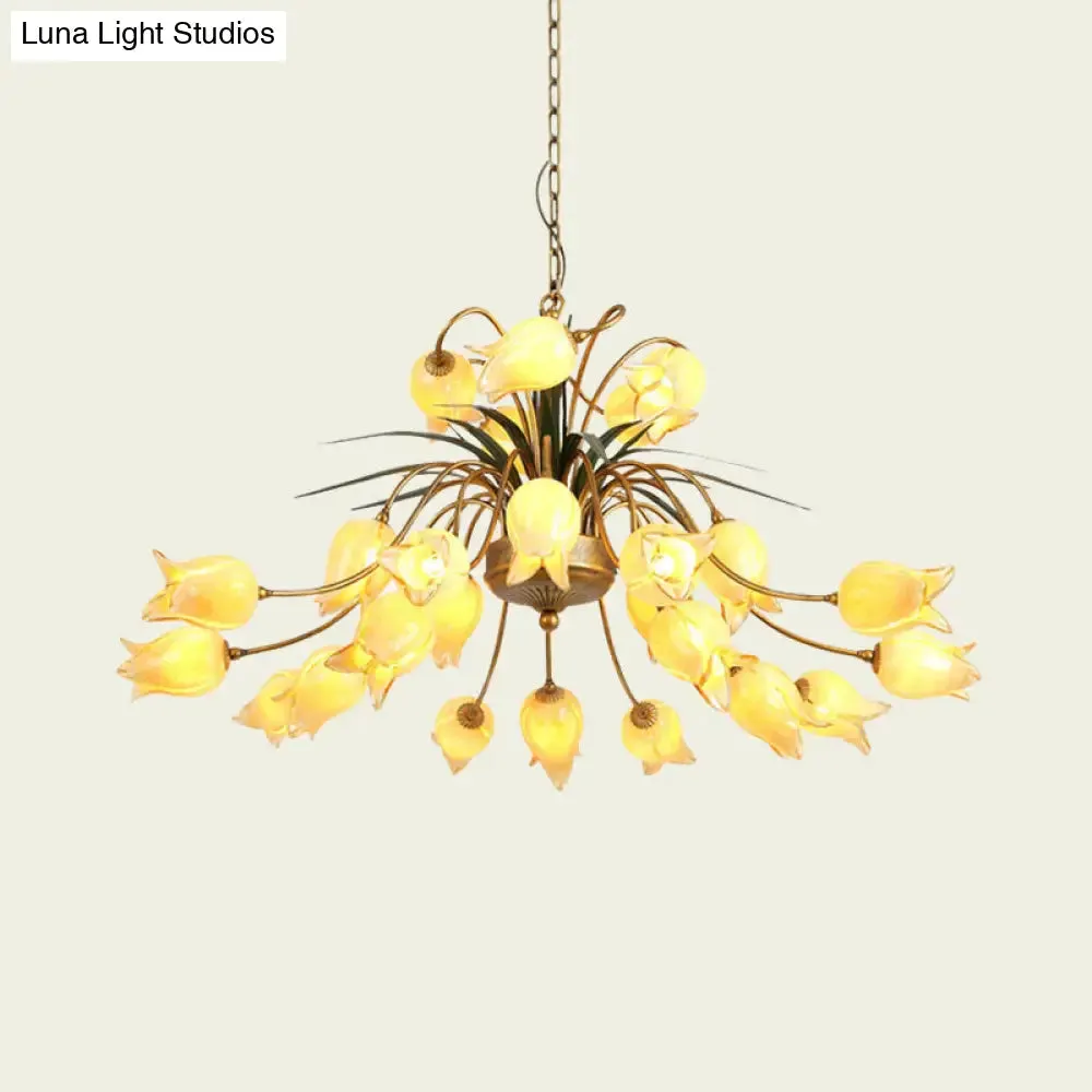 Romantic Metal Tulip/Lily Chandelier Light Fixture - 25-Light LED Ceiling Pendant in Brass for Living Room