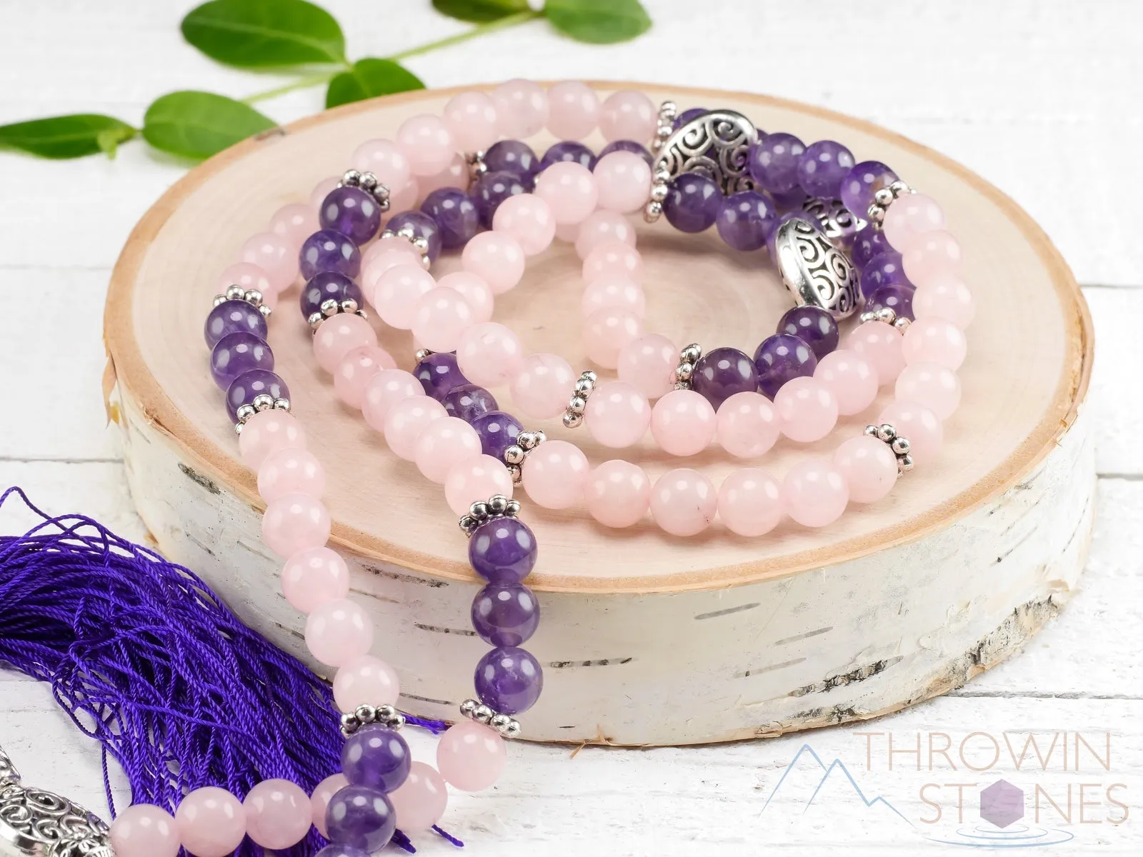 ROSE QUARTZ & AMETHYST Crystal Necklace, Mala - Beaded Necklace, Handmade Jewelry, Healing Crystals and Stones,  E0977