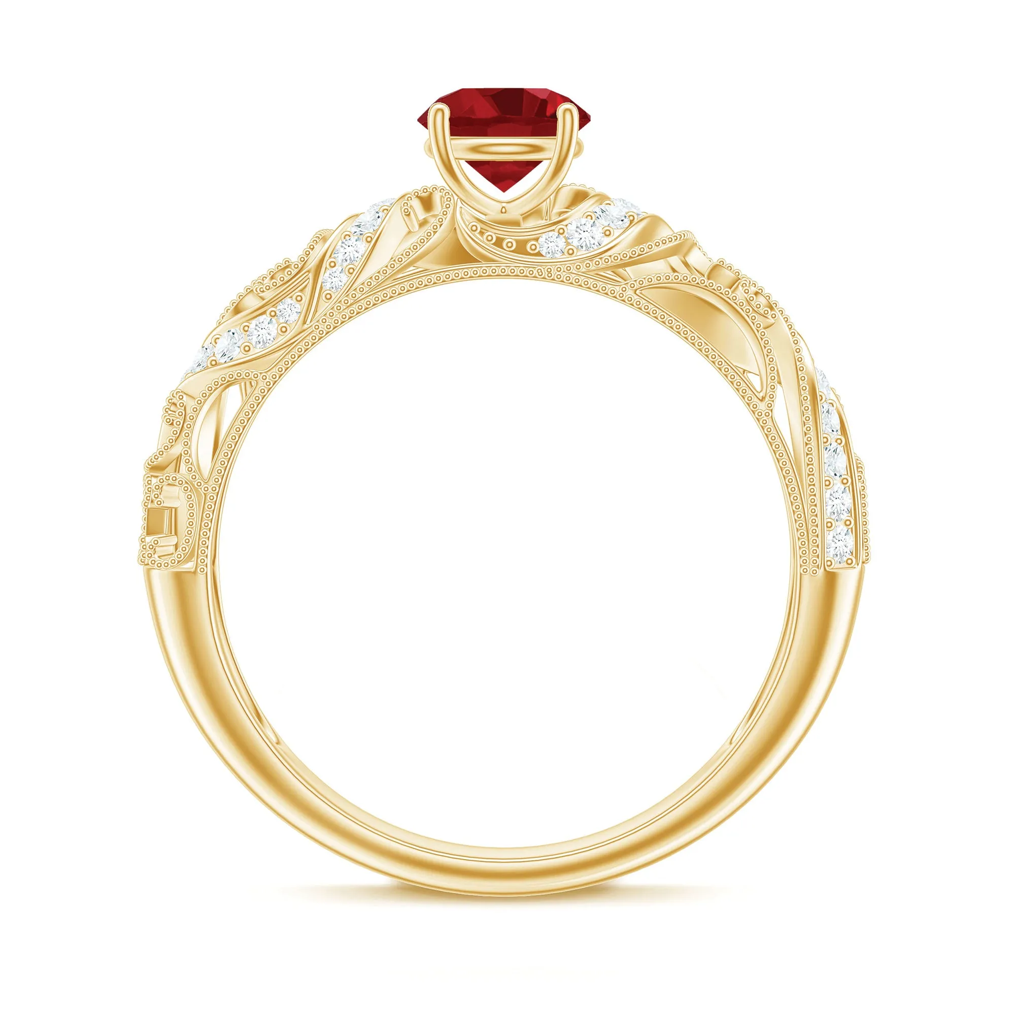 Round Created Ruby Vintage Style Engagement Ring with Diamond