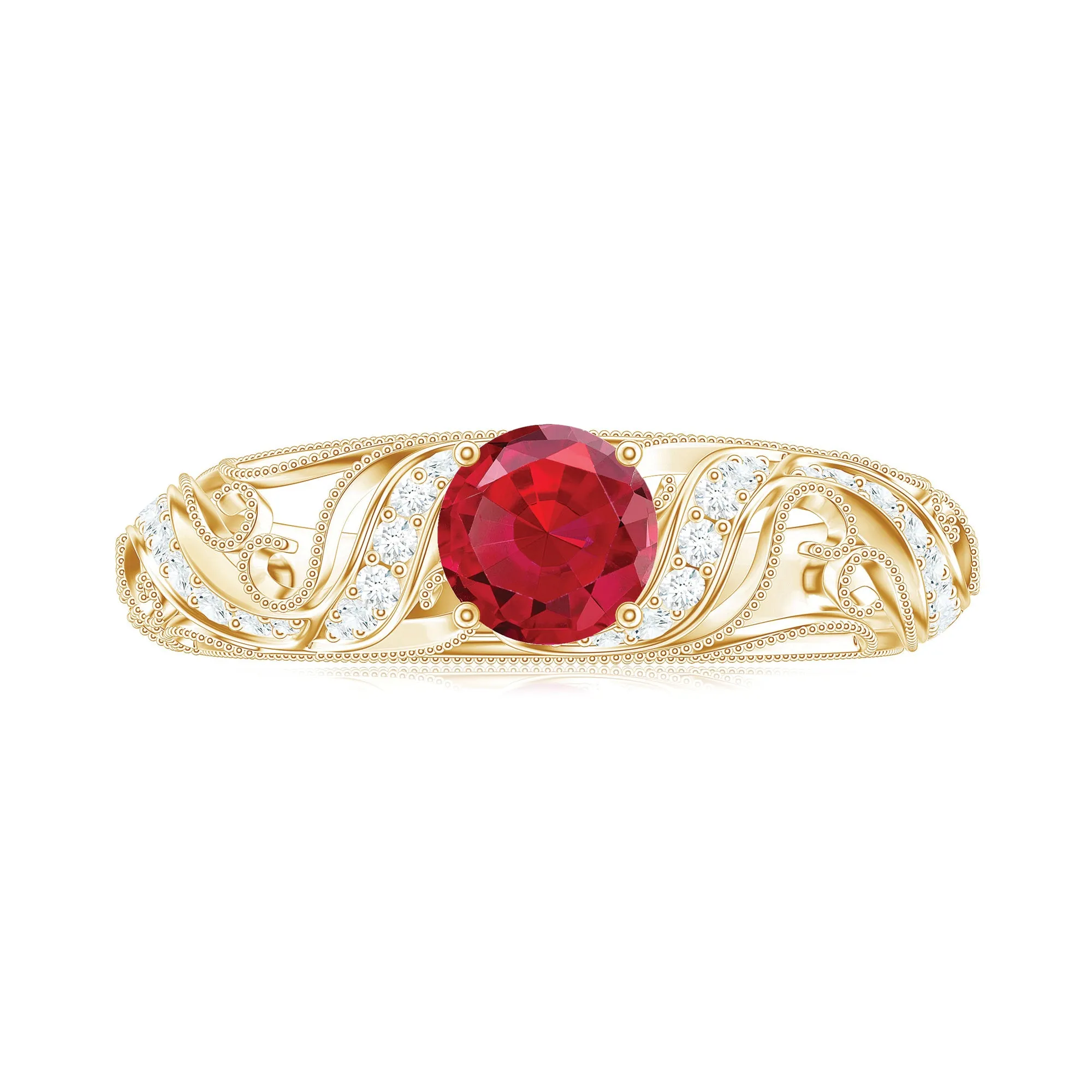 Round Created Ruby Vintage Style Engagement Ring with Diamond