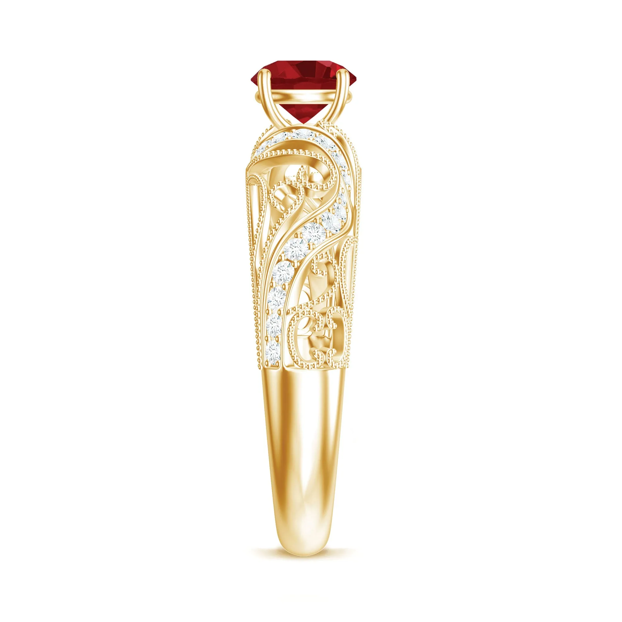Round Created Ruby Vintage Style Engagement Ring with Diamond