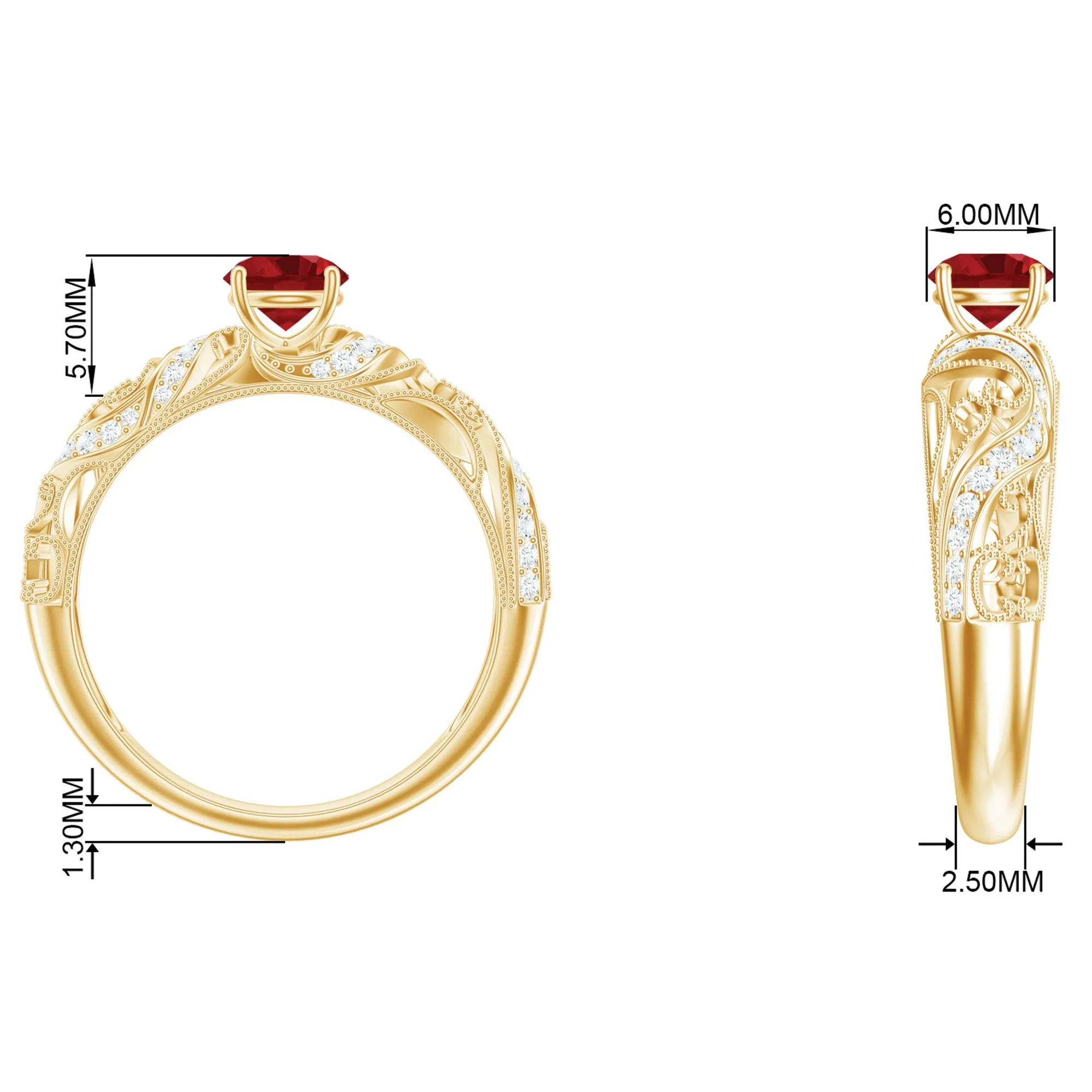 Round Created Ruby Vintage Style Engagement Ring with Diamond
