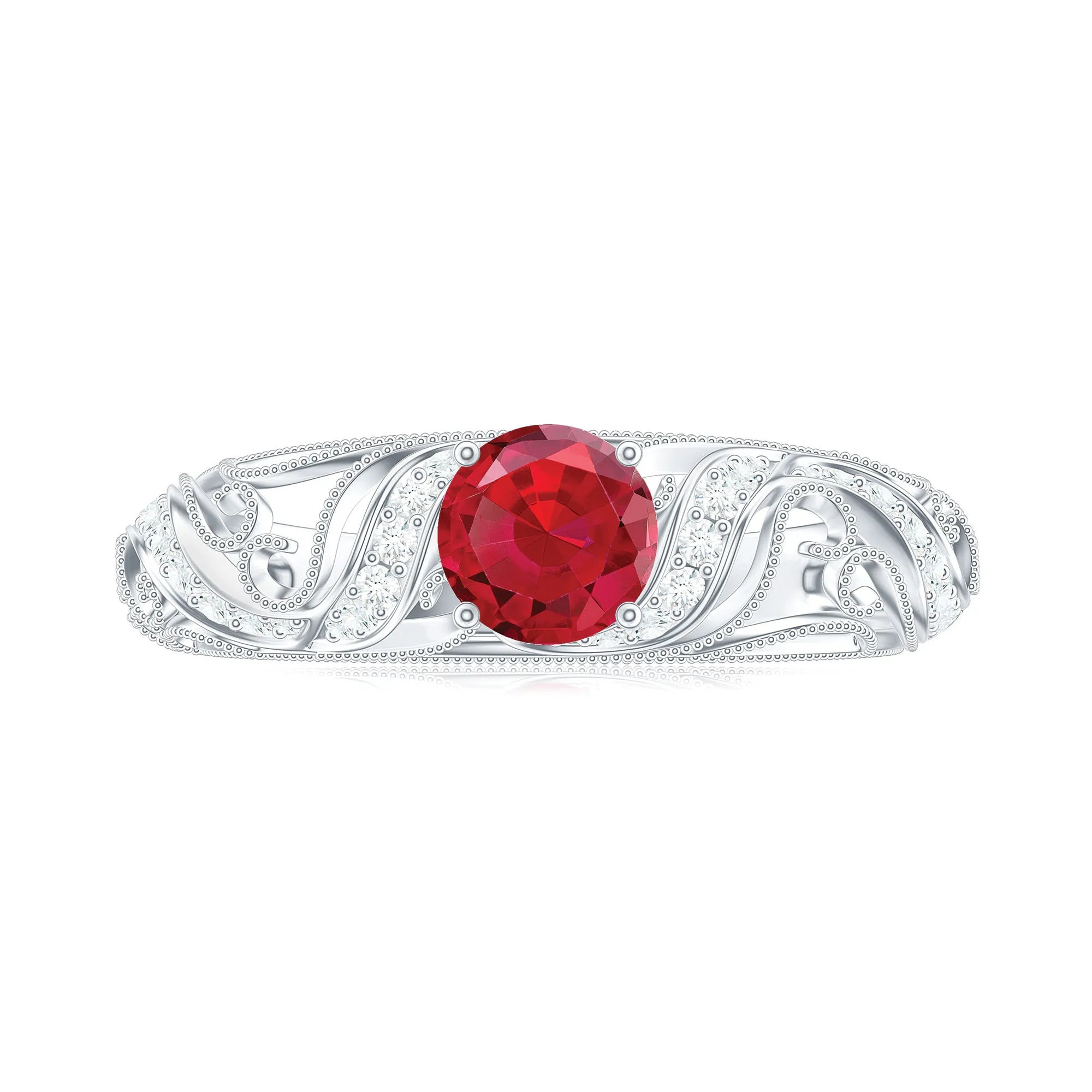Round Created Ruby Vintage Style Engagement Ring with Diamond