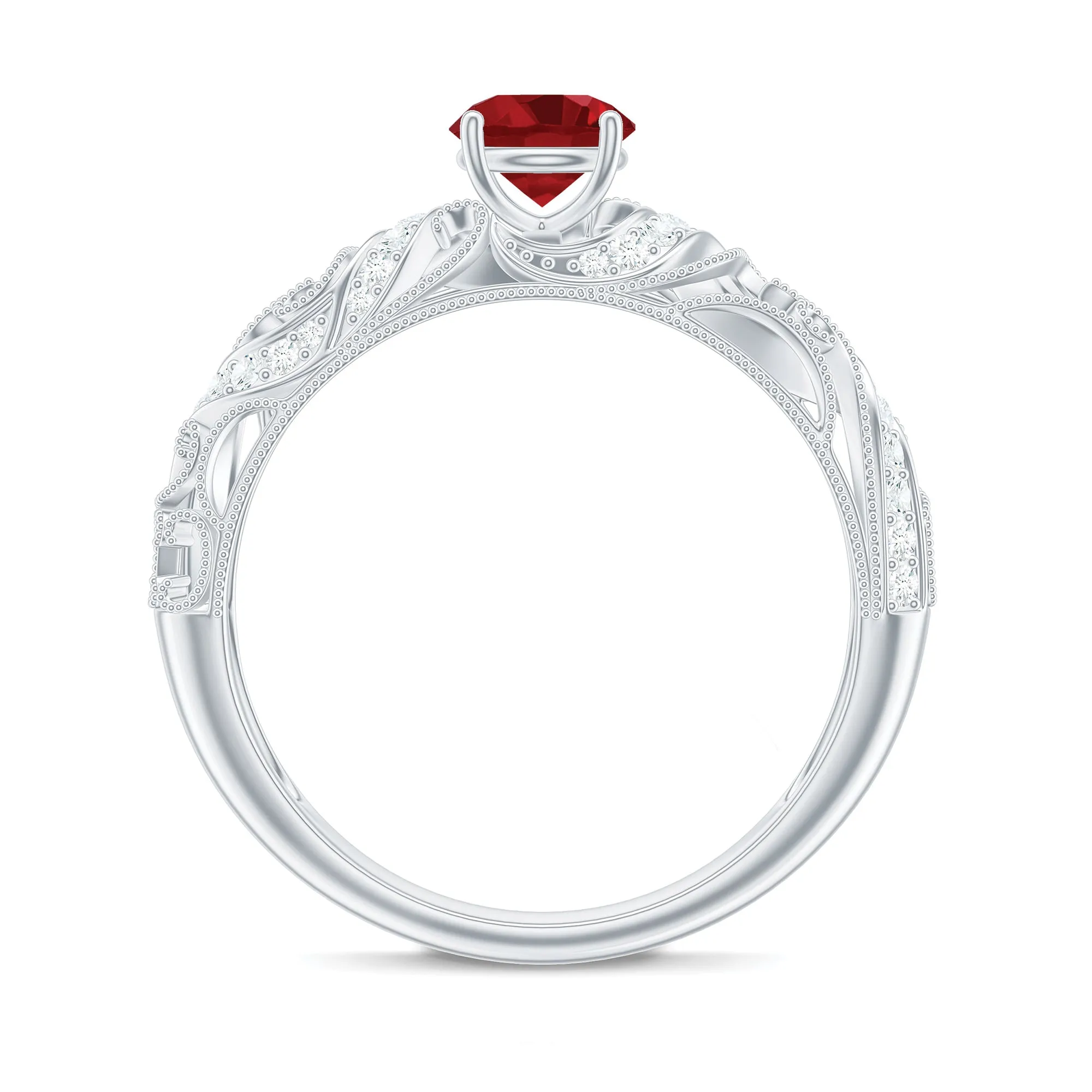 Round Created Ruby Vintage Style Engagement Ring with Diamond