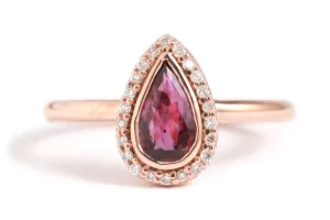 Ruby Teardrop Ring with Diamond Halo