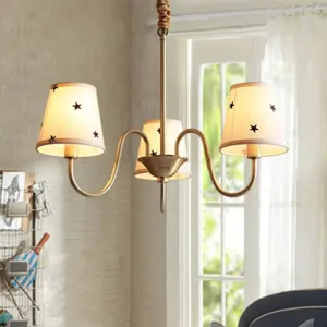 Rustic Star Patterned Chandelier in Gold - Conical Fabric Design, 3/5/6 Lights - Ideal for Bedroom Ceiling