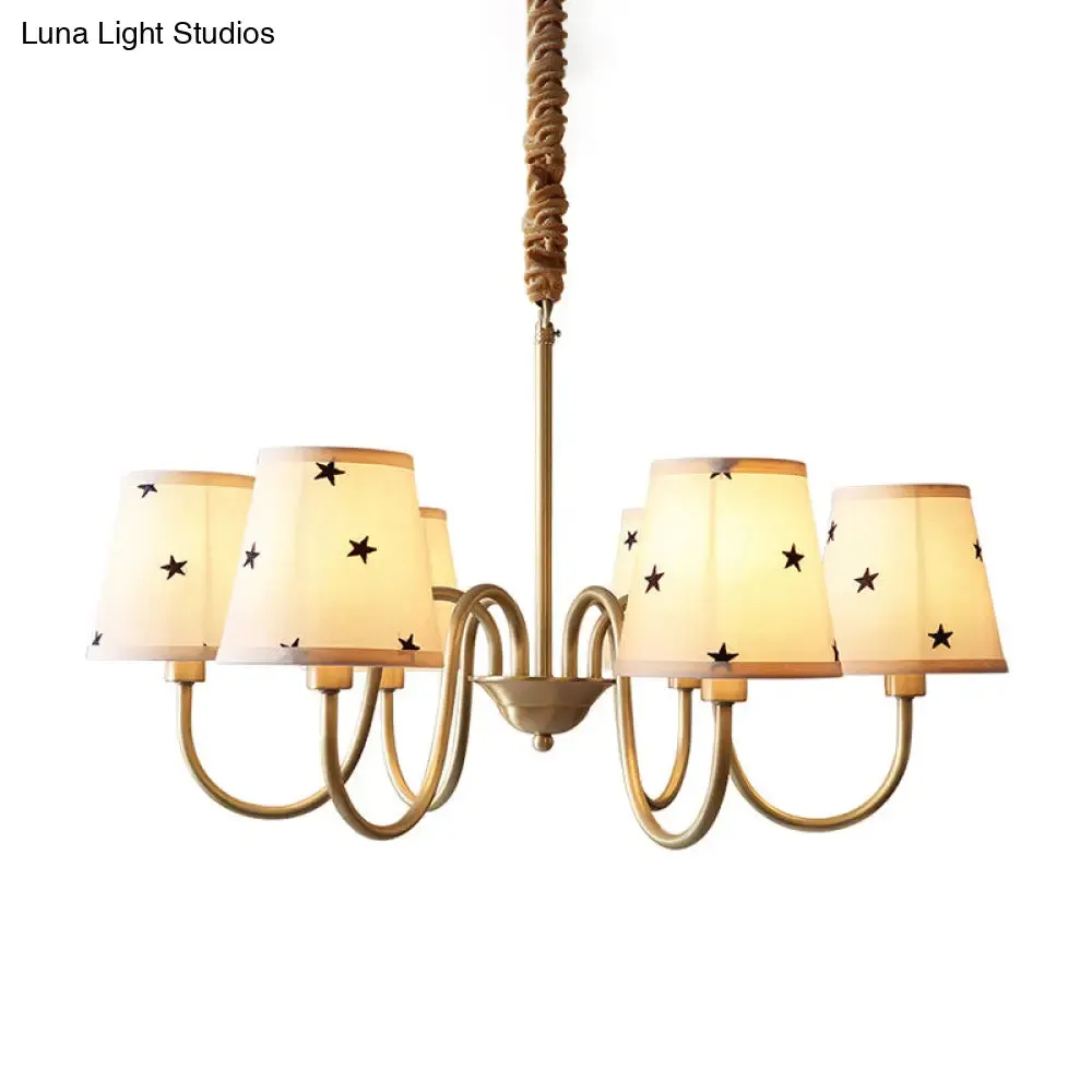 Rustic Star Patterned Chandelier in Gold - Conical Fabric Design, 3/5/6 Lights - Ideal for Bedroom Ceiling