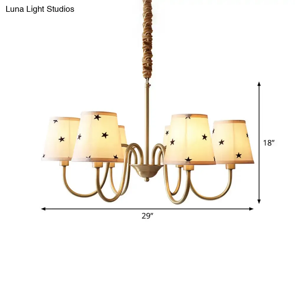 Rustic Star Patterned Chandelier in Gold - Conical Fabric Design, 3/5/6 Lights - Ideal for Bedroom Ceiling