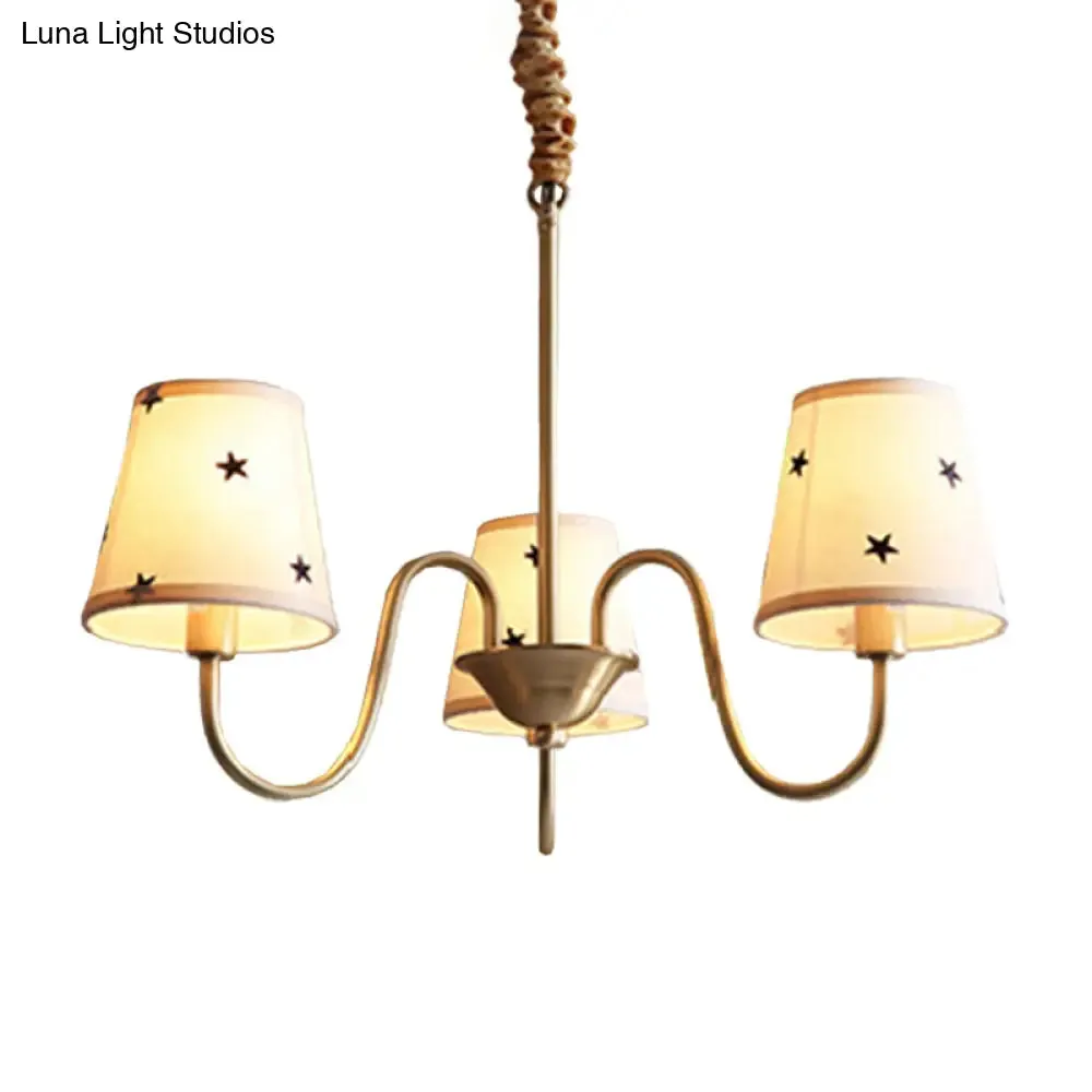 Rustic Star Patterned Chandelier in Gold - Conical Fabric Design, 3/5/6 Lights - Ideal for Bedroom Ceiling